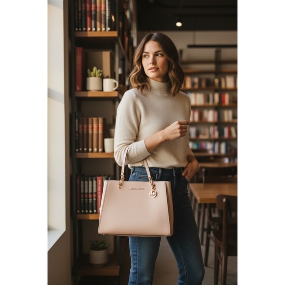 Michael Kors Handbags - Michael Kors Cynthia Tote Women Large Pink Excellent Saffiano Leather Gold Chain
